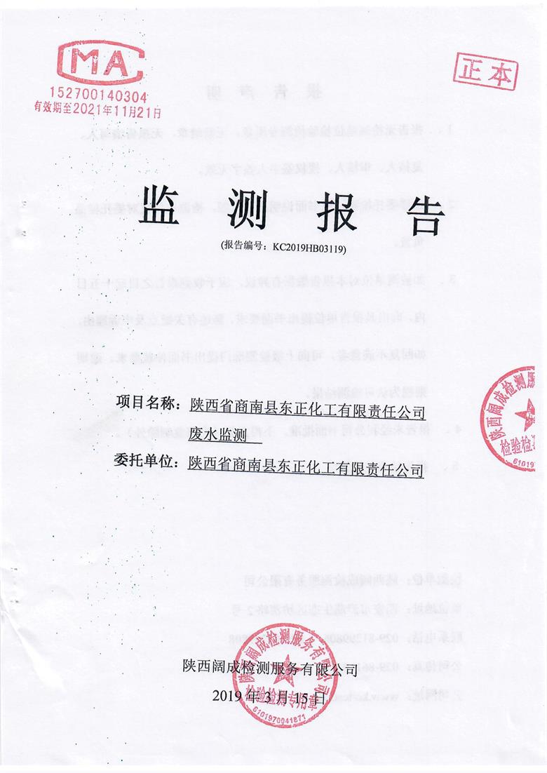 陜西省商南縣東正化工有限責(zé)任公司廢水檢測報告